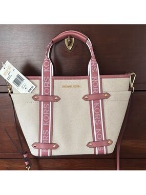 MICHAEL KORS Maeve Small Canvas Open Tote Rose Leather NWT $298